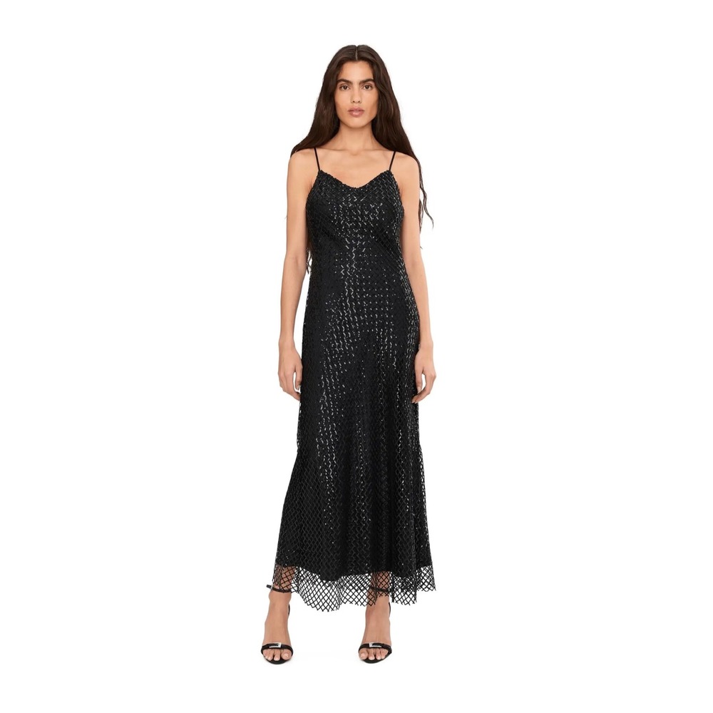 NWT AllSaints Chantelle Dress Size 12 Black Sequin Fishnet Slip Evening Maxi
